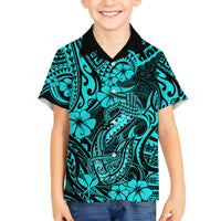Turquoise Hawaiian shirt with black collar, hibiscus, and fish hook tribal print (kids)