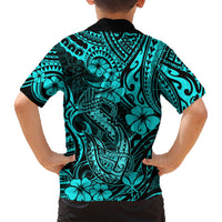 Turquoise Hawaiian shirt back with tribal fish and hibiscus print, black collar