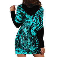 Hawaii Fish Hook Hoodie Dress Hibiscus Hawaii Tribal Tattoo Turquoise Version - Wonder Print Shop