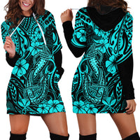 Hawaii Fish Hook Hoodie Dress Hibiscus Hawaii Tribal Tattoo Turquoise Version - Wonder Print Shop