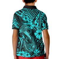 Hawaii Fish Hook Kid Polo Shirt Hibiscus Hawaii Tribal Tattoo Turquoise Version - Wonder Print Shop