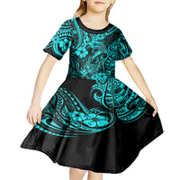Hawaii Fish Hook Kid Short Sleeve Dress Hibiscus Hawaii Tribal Tattoo Turquoise Version - Wonder Print Shop