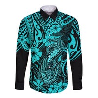 Hawaii Fish Hook Long Sleeve Button Shirt Hibiscus Hawaii Tribal Tattoo Turquoise Version - Wonder Print Shop