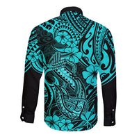 Hawaii Fish Hook Long Sleeve Button Shirt Hibiscus Hawaii Tribal Tattoo Turquoise Version - Wonder Print Shop