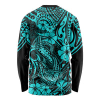 Hawaii Fish Hook Long Sleeve Shirt Hibiscus Hawaii Tribal Tattoo Turquoise Version - Wonder Print Shop