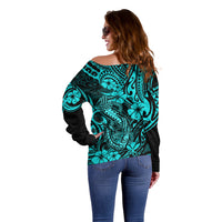 Hawaii Fish Hook Off Shoulder Sweater Hibiscus Hawaii Tribal Tattoo Turquoise Version - Wonder Print Shop