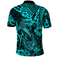 Hawaii Fish Hook Polo Shirt Hibiscus Hawaii Tribal Tattoo Turquoise Version - Wonder Print Shop