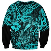 Hawaii Fish Hook Sweatshirt Hibiscus Hawaii Tribal Tattoo Turquoise Version - Wonder Print Shop
