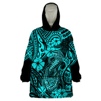Hawaii Fish Hook Wearable Blanket Hoodie Hibiscus Hawaii Tribal Tattoo Turquoise Version - Wonder Print Shop