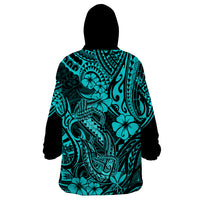 Hawaii Fish Hook Wearable Blanket Hoodie Hibiscus Hawaii Tribal Tattoo Turquoise Version - Wonder Print Shop