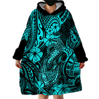 Hawaii Fish Hook Wearable Blanket Hoodie Hibiscus Hawaii Tribal Tattoo Turquoise Version - Wonder Print Shop