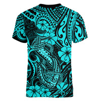 Hawaii Fish Hook Women V Neck T Shirt Hibiscus Hawaii Tribal Tattoo Turquoise Version - Wonder Print Shop