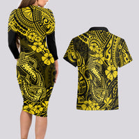 Hawaii Fish Hook Couples Matching Long Sleeve Bodycon Dress and Hawaiian Shirt Hibiscus Hawaii Tribal Tattoo Yellow Version - Wonder Print Shop