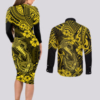 Hawaii Fish Hook Couples Matching Long Sleeve Bodycon Dress and Long Sleeve Button Shirts Hibiscus Hawaii Tribal Tattoo Yellow Version - Wonder Print Shop