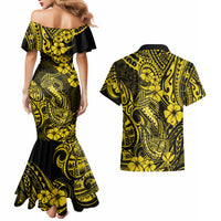 Hawaii Fish Hook Couples Matching Mermaid Dress and Hawaiian Shirt Hibiscus Hawaii Tribal Tattoo Yellow Version - Wonder Print Shop