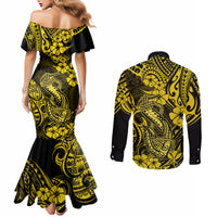 hawaii-fish-hook-couples-matching-mermaid-dress-and-long-sleeve-button-shirts-hibiscus-hawaii-tribal-tattoo-yellow-version