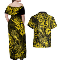Hawaii Fish Hook Couples Matching Off Shoulder Maxi Dress and Hawaiian Shirt Hibiscus Hawaii Tribal Tattoo Yellow Version - Wonder Print Shop