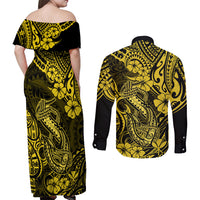 Hawaii Fish Hook Couples Matching Off Shoulder Maxi Dress and Long Sleeve Button Shirts Hibiscus Hawaii Tribal Tattoo Yellow Version - Wonder Print Shop