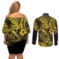 Hawaii Fish Hook Couples Matching Off Shoulder Short Dress and Long Sleeve Button Shirts Hibiscus Hawaii Tribal Tattoo Yellow Version - Wonder Print Shop
