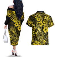 Hawaii Fish Hook Couples Matching Off The Shoulder Long Sleeve Dress and Hawaiian Shirt Hibiscus Hawaii Tribal Tattoo Yellow Version - Wonder Print Shop
