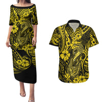 Hawaii Fish Hook Couples Matching Puletasi Dress and Hawaiian Shirt Hibiscus Hawaii Tribal Tattoo Yellow Version - Wonder Print Shop