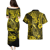 Hawaii Fish Hook Couples Matching Puletasi Dress and Hawaiian Shirt Hibiscus Hawaii Tribal Tattoo Yellow Version - Wonder Print Shop