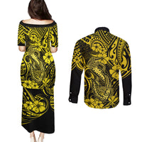 Hawaii Fish Hook Couples Matching Puletasi Dress and Long Sleeve Button Shirts Hibiscus Hawaii Tribal Tattoo Yellow Version - Wonder Print Shop