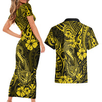 Hawaii Fish Hook Couples Matching Short Sleeve Bodycon Dress and Hawaiian Shirt Hibiscus Hawaii Tribal Tattoo Yellow Version - Wonder Print Shop