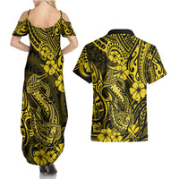 Hawaii Fish Hook Couples Matching Summer Maxi Dress and Hawaiian Shirt Hibiscus Hawaii Tribal Tattoo Yellow Version - Wonder Print Shop