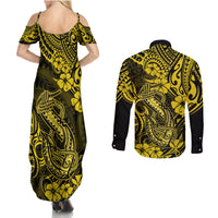 Hawaii Fish Hook Couples Matching Summer Maxi Dress and Long Sleeve Button Shirts Hibiscus Hawaii Tribal Tattoo Yellow Version - Wonder Print Shop