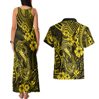 Hawaii Fish Hook Couples Matching Tank Maxi Dress and Hawaiian Shirt Hibiscus Hawaii Tribal Tattoo Yellow Version - Wonder Print Shop