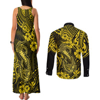 Hawaii Fish Hook Couples Matching Tank Maxi Dress and Long Sleeve Button Shirts Hibiscus Hawaii Tribal Tattoo Yellow Version - Wonder Print Shop