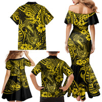 Hawaii Fish Hook Family Matching Mermaid Dress and Hawaiian Shirt Hibiscus Hawaii Tribal Tattoo Yellow Version - Wonder Print Shop
