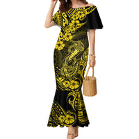 Hawaii Fish Hook Family Matching Mermaid Dress and Hawaiian Shirt Hibiscus Hawaii Tribal Tattoo Yellow Version - Wonder Print Shop