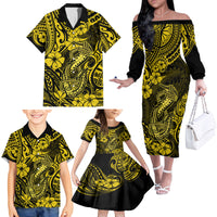 Hawaii Fish Hook Family Matching Off Shoulder Long Sleeve Dress and Hawaiian Shirt Hibiscus Hawaii Tribal Tattoo Yellow Version - Wonder Print Shop