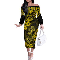 Hawaii Fish Hook Family Matching Off Shoulder Long Sleeve Dress and Hawaiian Shirt Hibiscus Hawaii Tribal Tattoo Yellow Version - Wonder Print Shop