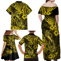 Hawaii Fish Hook Family Matching Off Shoulder Maxi Dress and Hawaiian Shirt Hibiscus Hawaii Tribal Tattoo Yellow Version - Wonder Print Shop