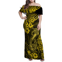 Hawaii Fish Hook Family Matching Off Shoulder Maxi Dress and Hawaiian Shirt Hibiscus Hawaii Tribal Tattoo Yellow Version - Wonder Print Shop