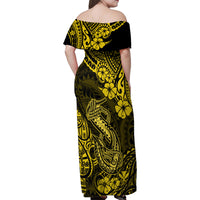 Hawaii Fish Hook Family Matching Off Shoulder Maxi Dress and Hawaiian Shirt Hibiscus Hawaii Tribal Tattoo Yellow Version - Wonder Print Shop