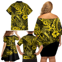 Hawaii Fish Hook Family Matching Off Shoulder Short Dress and Hawaiian Shirt Hibiscus Hawaii Tribal Tattoo Yellow Version - Wonder Print Shop