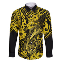 Hawaii Fish Hook Family Matching Off Shoulder Short Dress and Hawaiian Shirt Hibiscus Hawaii Tribal Tattoo Yellow Version - Wonder Print Shop