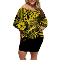 Hawaii Fish Hook Family Matching Off Shoulder Short Dress and Hawaiian Shirt Hibiscus Hawaii Tribal Tattoo Yellow Version - Wonder Print Shop