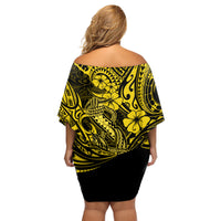 Hawaii Fish Hook Family Matching Off Shoulder Short Dress and Hawaiian Shirt Hibiscus Hawaii Tribal Tattoo Yellow Version - Wonder Print Shop