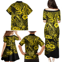 Hawaii Fish Hook Family Matching Puletasi Dress and Hawaiian Shirt Hibiscus Hawaii Tribal Tattoo Yellow Version - Wonder Print Shop