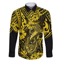 Hawaii Fish Hook Family Matching Puletasi Dress and Hawaiian Shirt Hibiscus Hawaii Tribal Tattoo Yellow Version - Wonder Print Shop