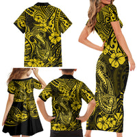 Hawaii Fish Hook Family Matching Short Sleeve Bodycon Dress and Hawaiian Shirt Hibiscus Hawaii Tribal Tattoo Yellow Version - Wonder Print Shop