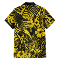 Hawaii Fish Hook Family Matching Short Sleeve Bodycon Dress and Hawaiian Shirt Hibiscus Hawaii Tribal Tattoo Yellow Version - Wonder Print Shop