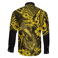 Hawaii Fish Hook Family Matching Short Sleeve Bodycon Dress and Hawaiian Shirt Hibiscus Hawaii Tribal Tattoo Yellow Version - Wonder Print Shop