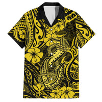 Yellow Hawaiian shirt with black tribal print, fish hook and hibiscus flowers on front