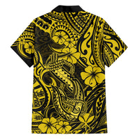 Yellow Hawaiian shirt with black tribal print, fish hook and hibiscus flowers on back